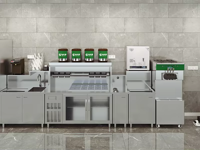 Commercial Kitchen Equipment Featuring Stainless Steel Workstations Cabinets Dishwasher And Condiment Holders 3d model