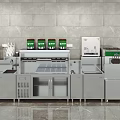 Commercial Kitchen Equipment Featuring Stainless Steel Workstations Cabinets Dishwasher And Condiment Holders