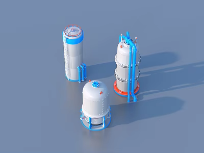 Industrial Storage Tanks With Metallic Bodies Blue Supports And Red Top Parts 3d model