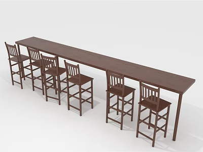 Long Dark Brown Wooden Bar Counter with Matching High Back Stools 3d model