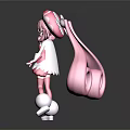 Cute Pink Cartoon Character With Long Curly Hair Flower Headpiece White Boots Dress