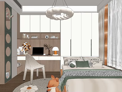 Tatami Bedroom Interior Design With Tatami Bed Desk Chair Windows And Chandelier 3d model