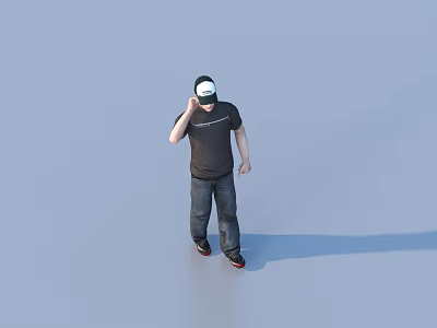 Man Adjusting His Cap Wearing Dark T-Shirt And Jeans Standing Against Light Blue Background 3d model