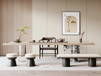 Tea Table and Chair Combination Tea Set Stool Green Plant Hanging Painting 3d model