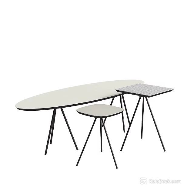 Modern Design Oval Square Coffee Tables And Round Stool With Light Top Black Legs 3d model 