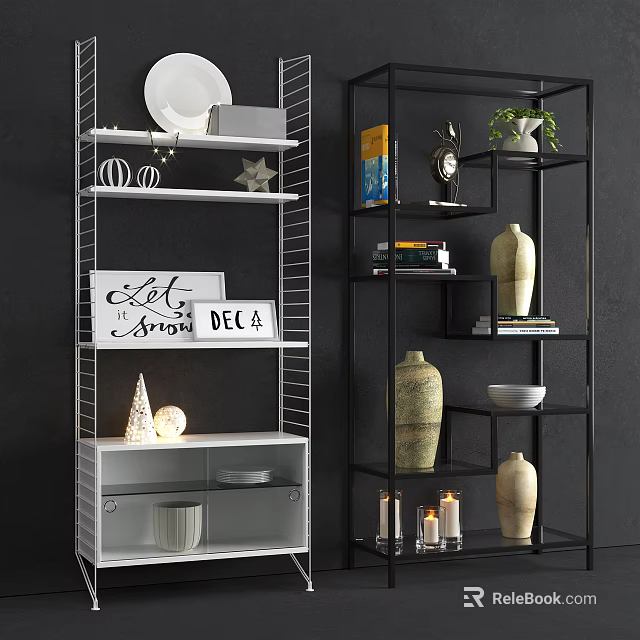 Modern Metal Shelving Unit With Decorative Items Books Vases And Candles 3d model 