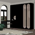Modern Room Interior With Black Wardrobe Rattan Panels Arched Windows Desk And Mirror