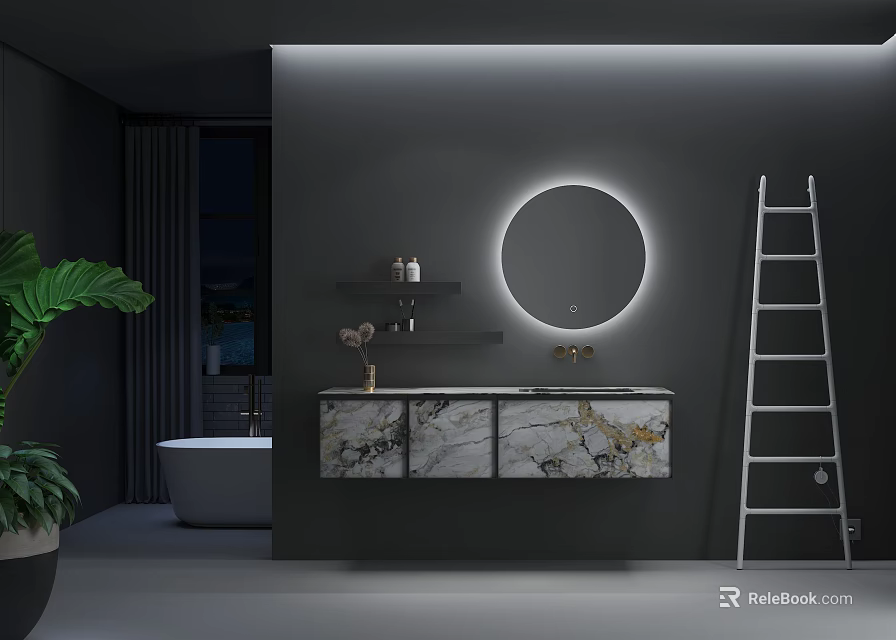 Modern Bathroom Cabinet With Marble Countertop Round Illuminated Mirror And Wall Shelves 3d model 