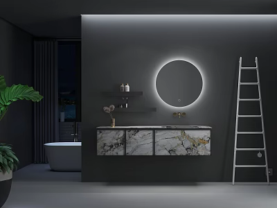 Modern Bathroom Cabinet With Marble Countertop Round Illuminated Mirror And Wall Shelves 3d model