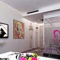 Modern Hotel Room Interior With Double Beds Glass Partition Pink Graphic And Decorative Paintings