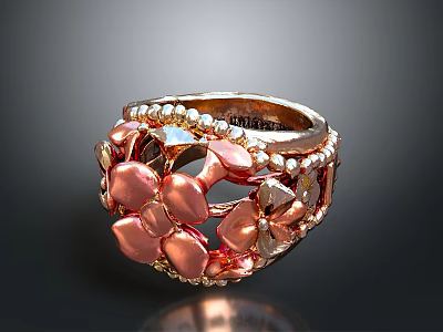 Exquisite Rose Gold Decorative Ring With Flower Design And Beaded Accents 3d model
