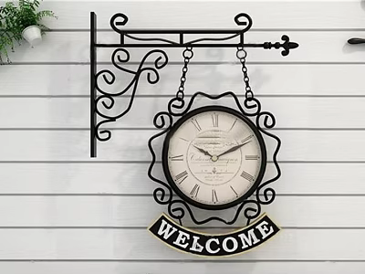 Vintage Wall Mounted Clock With Ornate Iron Bracket And Welcome Sign On White Wooden Wall 3d model