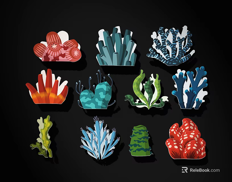 Vibrant Cartoon Coral and Seaweed Illustrations with Diverse Shapes and Hues 3d model 