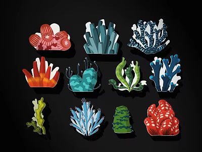 Vibrant Cartoon Coral and Seaweed Illustrations with Diverse Shapes and Hues 3d model
