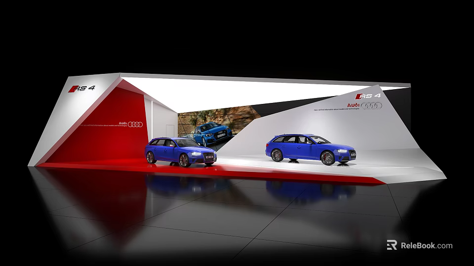 Audi RS 4 Exhibition Booth Display With Blue Cars And Mountain Backdrop 3d model 