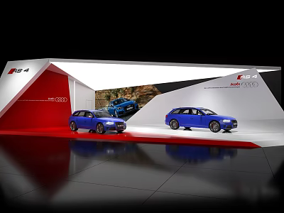 Audi RS 4 Exhibition Booth Display With Blue Cars And Mountain Backdrop 3d model