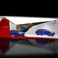 Audi RS 4 Exhibition Booth Display With Blue Cars And Mountain Backdrop