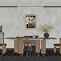 Modern Restaurant Interior Featuring Dining Table Chairs Wall Art Vase And Patterned Rug 3d model