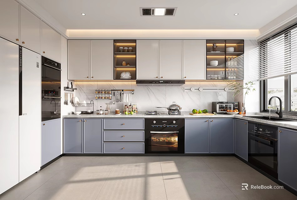 Modern Bright Kitchen Interior With White Gray Cabinets Countertop And Appliances 3d model 