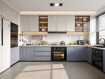 Modern Bright Kitchen Interior With White Gray Cabinets Countertop And Appliances 3d model