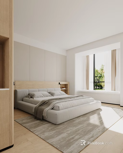 Modern Bedroom Interior With Beige Wall Panels Wooden Headboard Large Window Curtains And Greenery View 3d model 