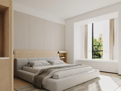 Modern Bedroom Interior With Beige Wall Panels Wooden Headboard Large Window Curtains And Greenery View 3d model