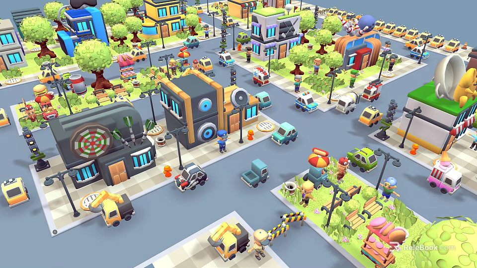 Colorful Cartoon Town Buildings In Various Styles With Streets Cars And Trees 3d model 