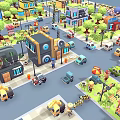 Colorful Cartoon Town Buildings In Various Styles With Streets Cars And Trees