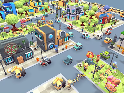 Colorful Cartoon Town Buildings In Various Styles With Streets Cars And Trees 3d model