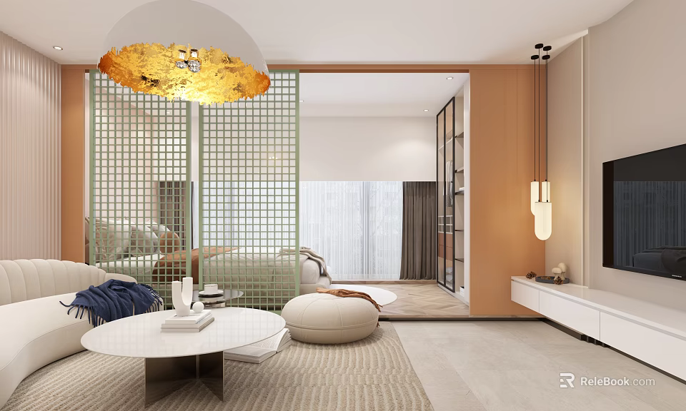 Modern Apartment Living Room With Grid Partition Circular Ceiling Light And White Table 3d model