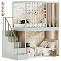Stylish Kids Bunk Bed with Stairs Gold Railings Safety Net and Floral Wallpaper