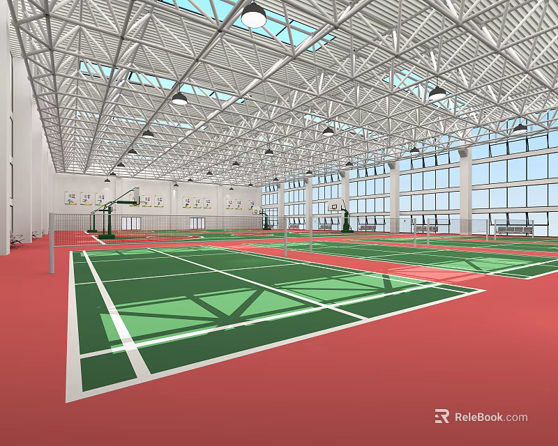 Indoor Basketball Gym Featuring Green Court Surface Red Flooring Metal Roof Structure And Large Windows 3d model 