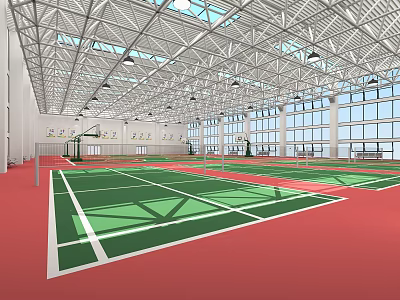 Indoor Basketball Gym Featuring Green Court Surface Red Flooring Metal Roof Structure And Large Windows 3d model
