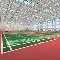 Indoor Basketball Gym Featuring Green Court Surface Red Flooring Metal Roof Structure And Large Windows