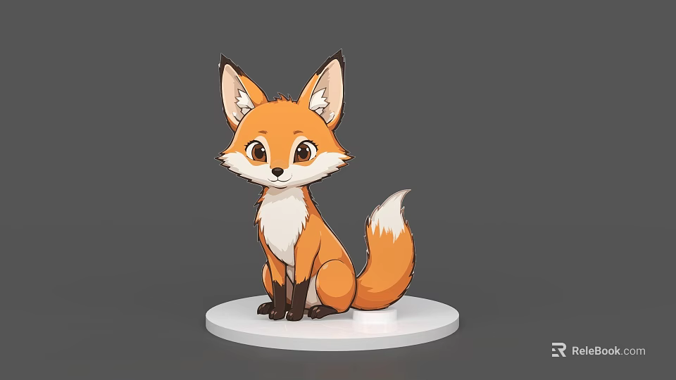 Cute Cartoon Fox Sitting On White Circular Base With Gray Background And Playful Expression 3d model 