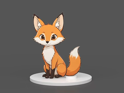 Cute Cartoon Fox Sitting On White Circular Base With Gray Background And Playful Expression 3d model