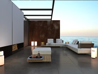 Modern Outdoor Sofa Lounge With Coffee Table And Sea View Terrace Lighting 3d model