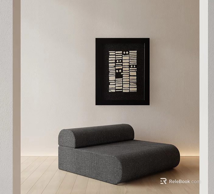 Gray Modern Single Sofa With Curved Backrest And Abstract Art Painting On Light Wall 3d model 