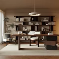 Warm Modern Study Room Interior With Wooden Bookshelf Desk Pendant Light Books And Decorative Plants