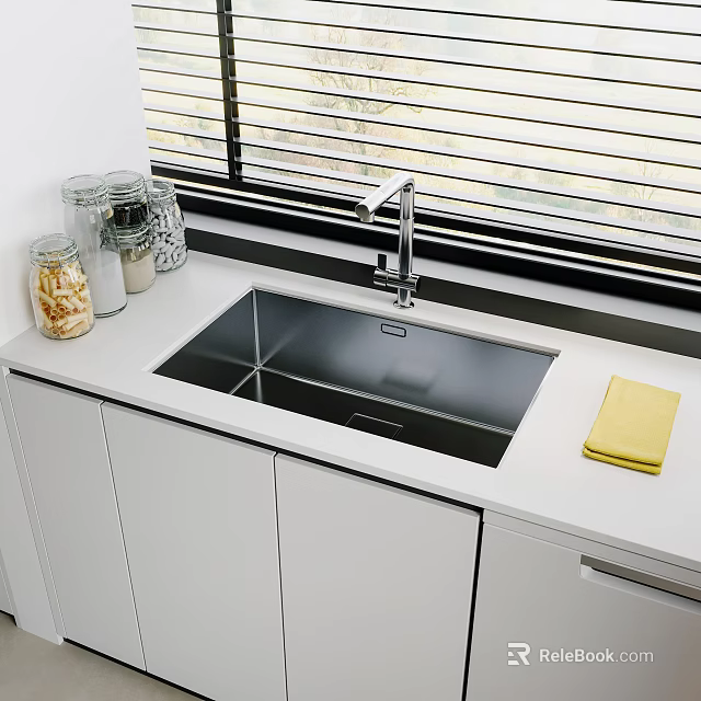 Modern Kitchen Sink With Chrome Faucet White Cabinets And Glass Jars On Countertop 3d model 