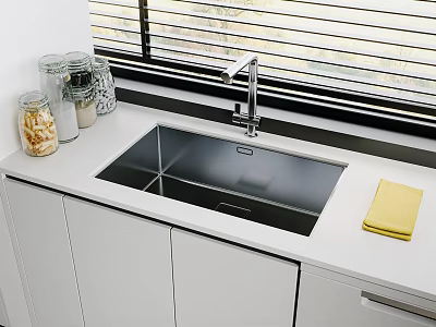 Modern Kitchen Sink With Chrome Faucet White Cabinets And Glass Jars On Countertop 3d model