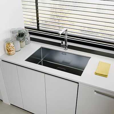 Modern Kitchen Sink With Chrome Faucet White Cabinets And Glass Jars On Countertop 3d model