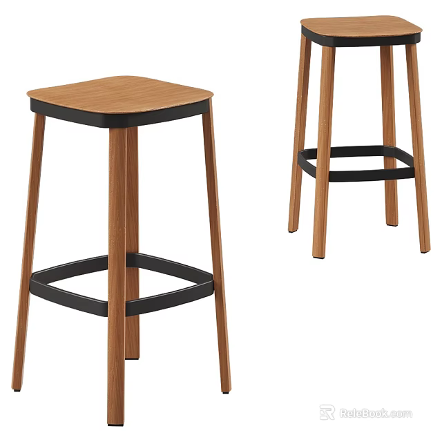 Modern Bar Stools With Wooden Legs And Black Crossbar Structure Design 3d model 