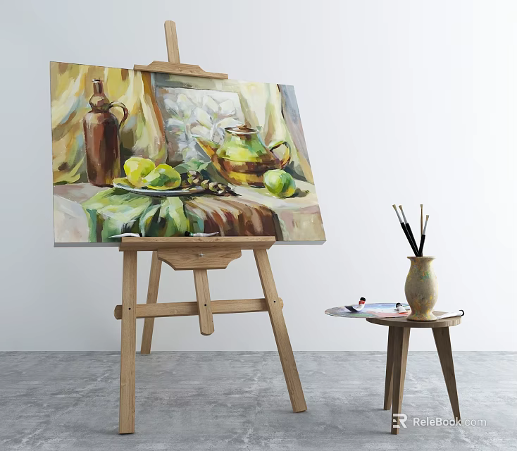 Artistic Painting Supplies Setup With Easel Canvas Still Life Brushes And Paints 3d model 