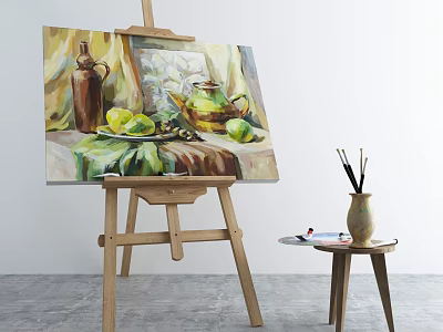 Artistic Painting Supplies Setup With Easel Canvas Still Life Brushes And Paints 3d model