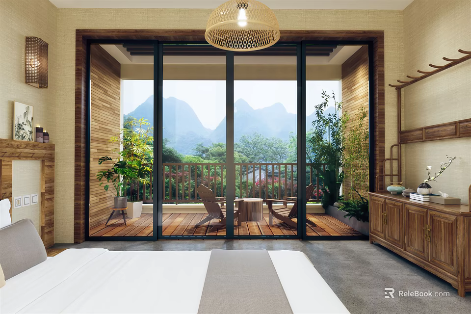 Serene Bedroom Interior With Floor to Ceiling Glass Doors Mountain View Balcony And Wooden Furniture 3d model 