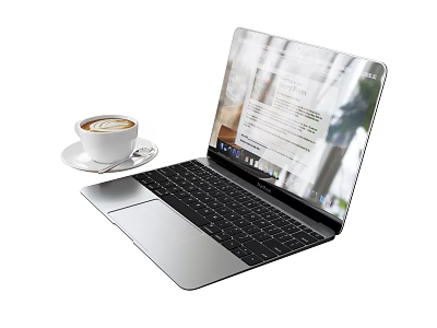 Open Silver Laptop With Coffee Cup On Saucer Screen Displaying Document Bright Window View Setup 3d model
