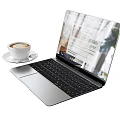 Open Silver Laptop With Coffee Cup On Saucer Screen Displaying Document Bright Window View Setup 3d model