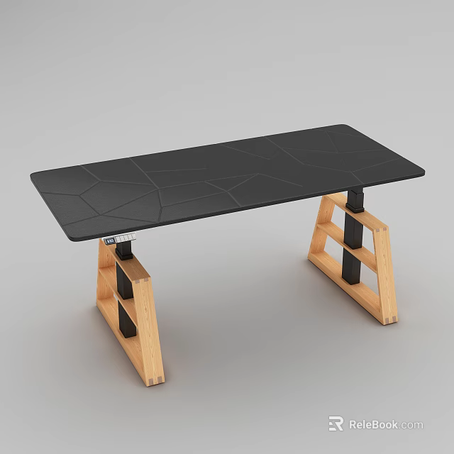 Modern Office Desk With Black Geometric Patterned Top And Light Wood Cross Legs 3d model 