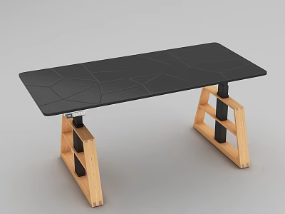 Modern Office Desk With Black Geometric Patterned Top And Light Wood Cross Legs 3d model